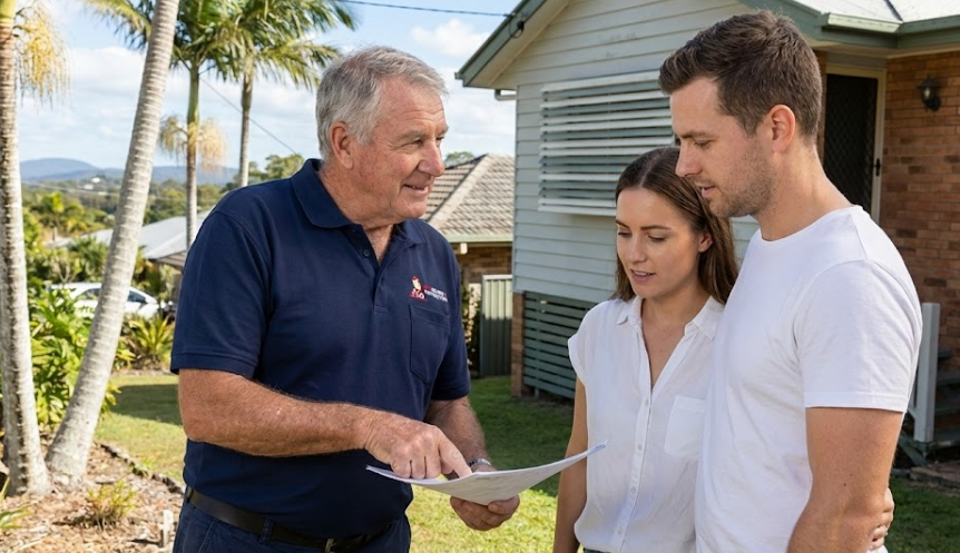 MEC Builders inspector explaining inspection findings to home buyers